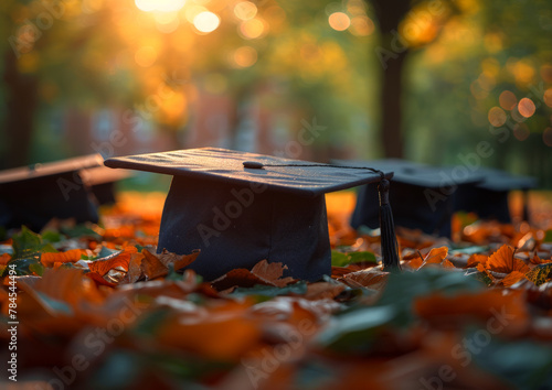 Graduation mortarboards or hats on the grass with autumn leaves