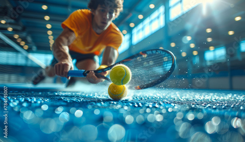 The young man in action on tennis court photo