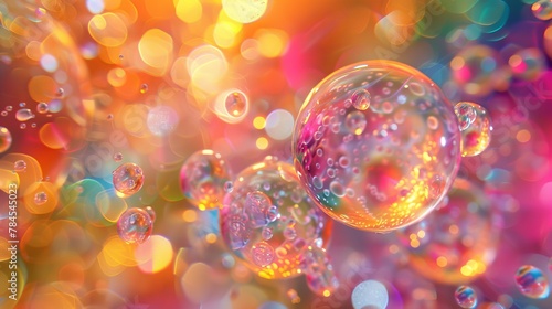 A holographic floating liquid blob background accompanied by soap bubbles and metaballs.
