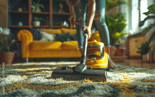 Young woman using vacuum cleaner while cleaning carpet in the living room.