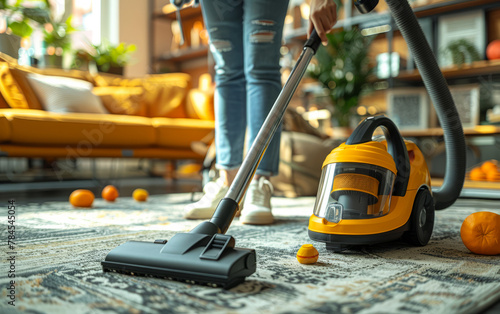 Woman using vacuum cleaner while cleaning the carpet in the living room at home