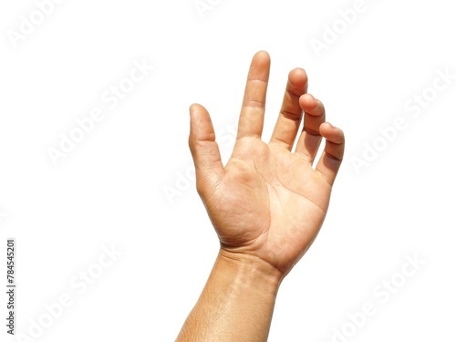 A man's hand raised his hand, gesturing like I was about to grab something. Or about to help isolated on white background.