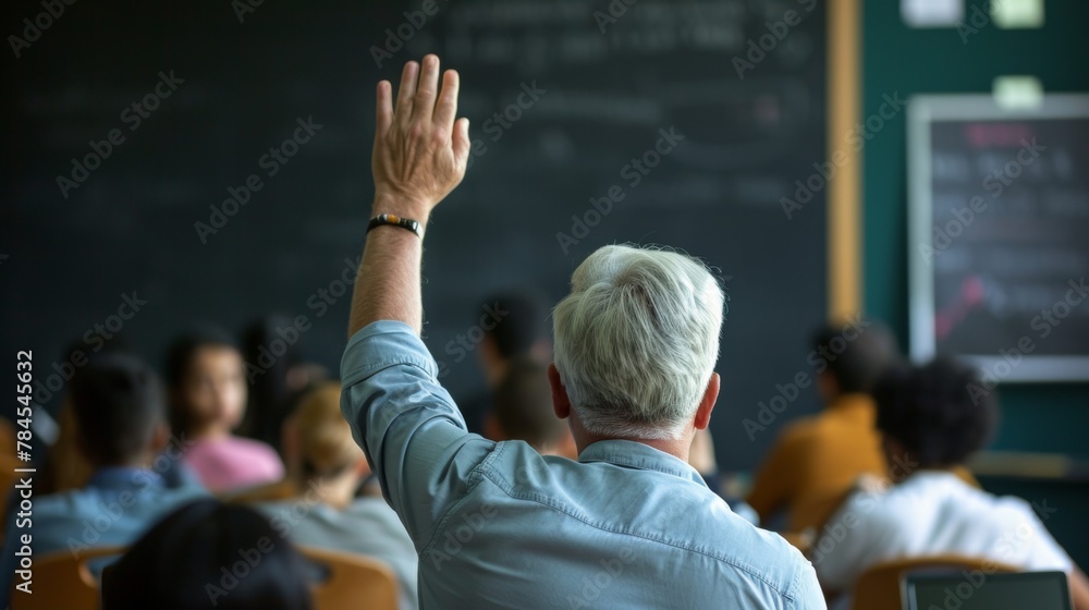 Back view of older student raising his hand to answer teacher's question during education training class Back view of older student raising his hand to answer teacher's question during education training class