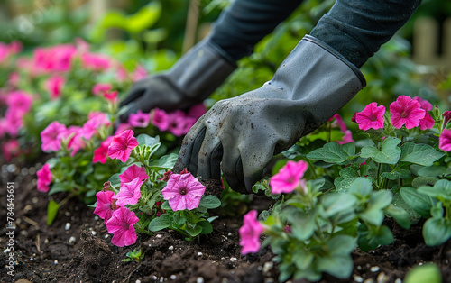 Gardener is planting flowers in garden. © Vadim