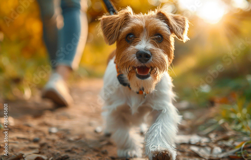 Happy active jack russell dog running in the forest pet enjoying the outdoors