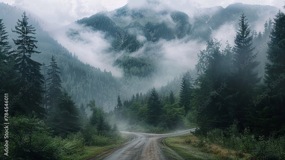 Misty mountain road flanked by dense green forest Misty mountain road flanked by dense green forest