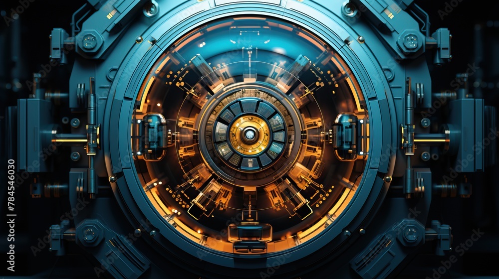 A closeup of a futuristic machine with a glowing orange core. A closeup of a futuristic machine with a glowing orange core.