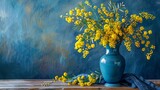 Vibrant Yellow Mimosa Flowers in a Blue Ceramic Vase on Wooden Table