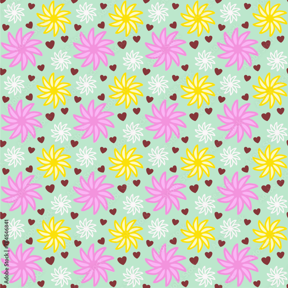 A pattern of pink, yellow and white flowers and hearts on a green background. A pattern of pink, yellow and white flowers and hearts on a green background.