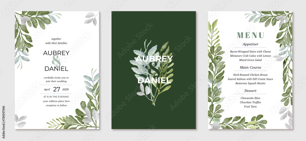 wedding invitation set with green leaves watercolor background