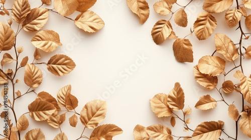 Frame made of golden leaves as advertising showcase display for goods on white background