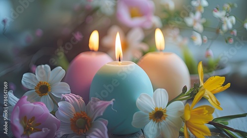 Tranquil ambiance with lit candles and spring flowers