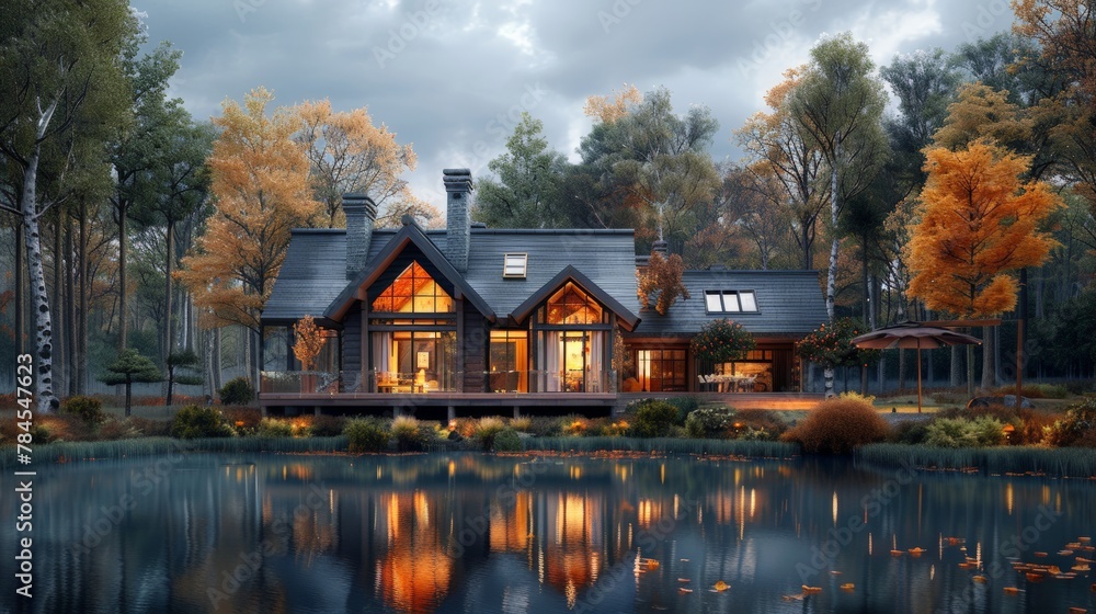 Obraz premium House overlooking lake by forest