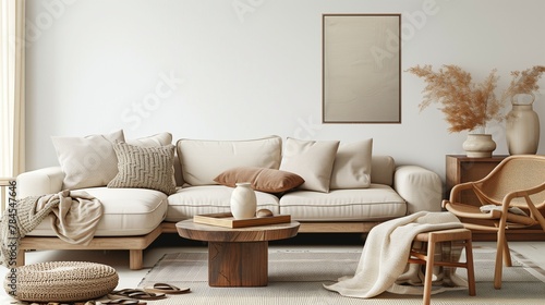 Elegant composition of living room interior with mock up poster frame  beige modular sofa  wooden coffee table
