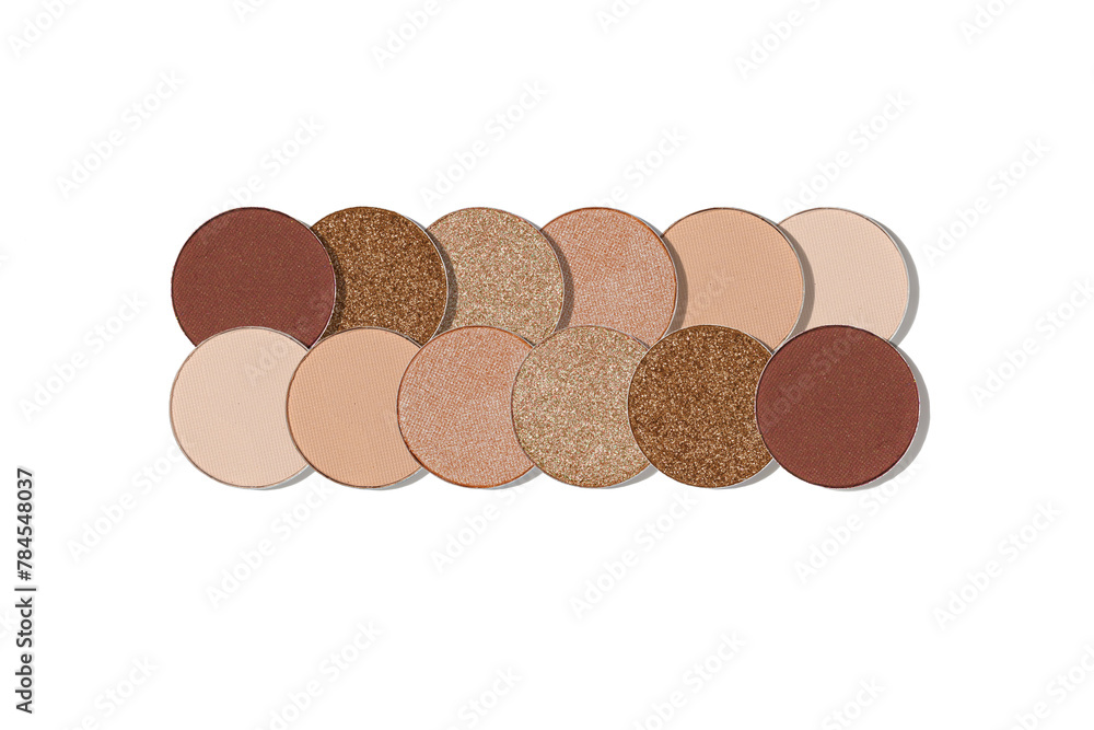 Set of eye shadow swatches, beige brown color gradient isolated on white background. Round eyeshadows, skin tone powder for makeup, cosmetics design minimal style, top view beauty product Set of eye shadow swatches, beige brown color gradient isolated on white background. Round eyeshadows, skin tone powder for makeup, cosmetics design minimal style, top view beauty product