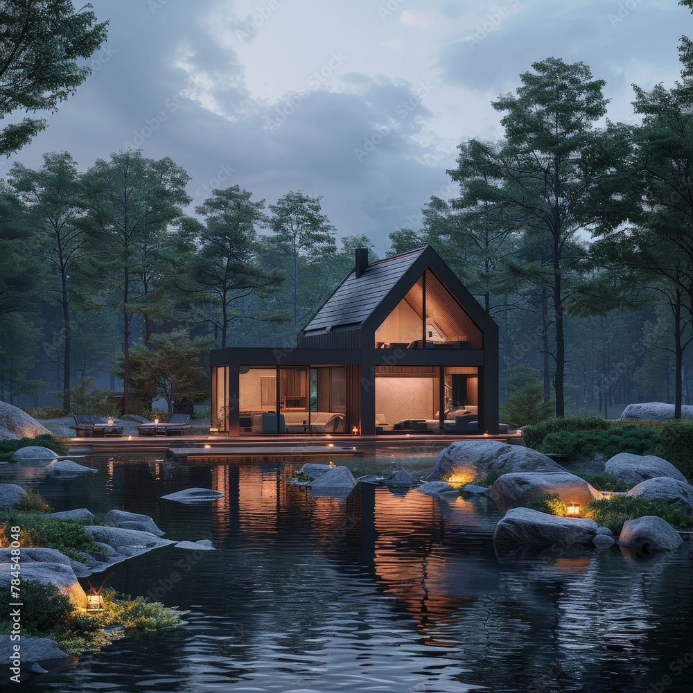 Fototapeta premium House illuminated by pond at night