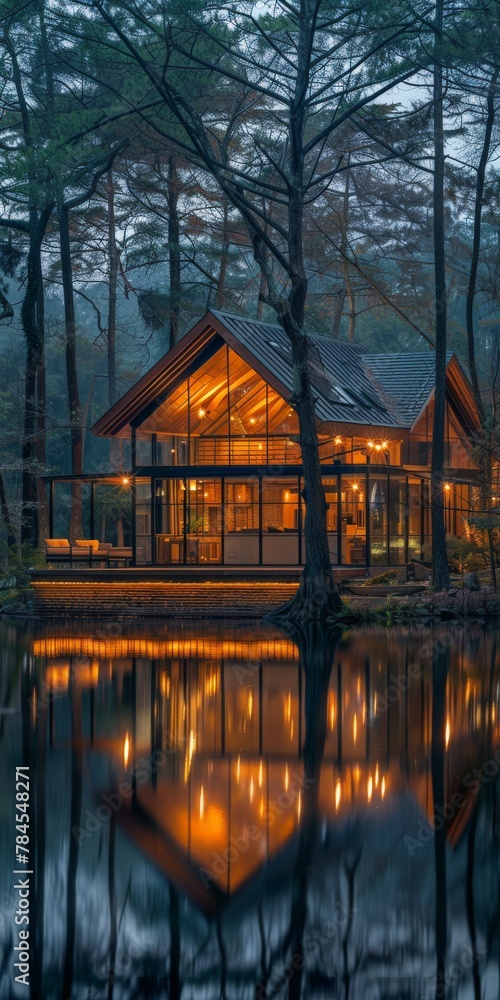 Cabin illuminated by water at night
