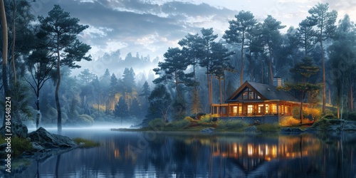 Cabin on a lake surrounded by trees
