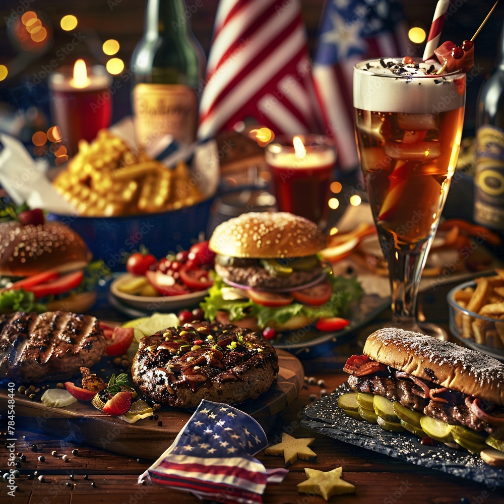 A table laden with a variety of food and drinks to celebrate the 4th of July A table laden with a variety of food and drinks to celebrate the 4th of July