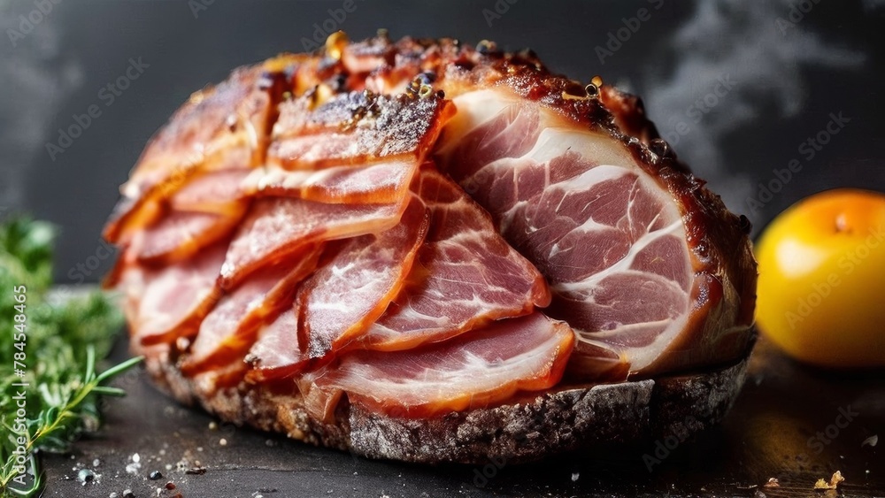 Ham with spices, cut into thin layers - obrazy, fototapety, plakaty 