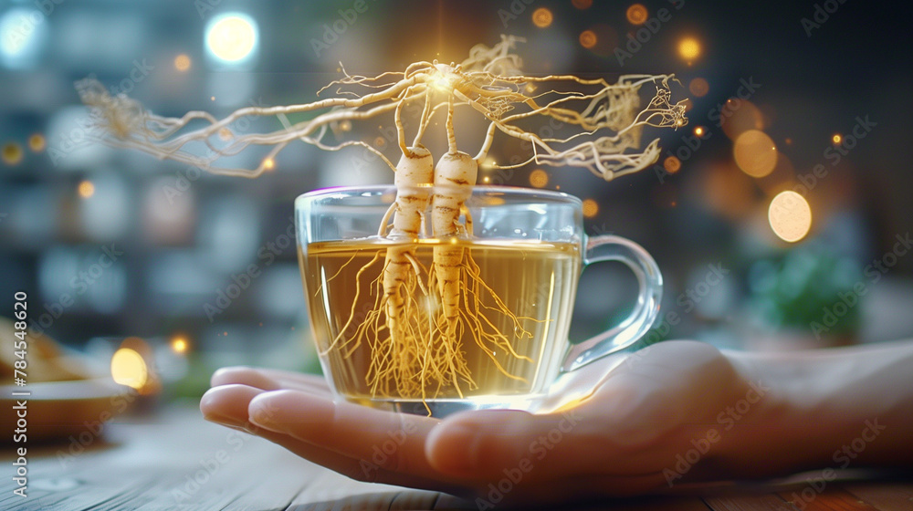 cup of tea in a glass cup with ginseng roots flying above the tea, herbal or apoptogenic tea for health boost and stress relief futuristic style - obrazy, fototapety, plakaty 