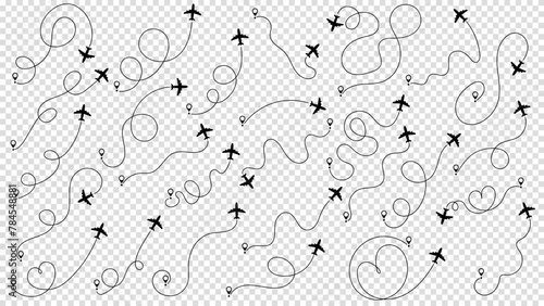 Travel concept from start point and dotted line tracing. Airplane or aeroplane routes path set. Aircraft tracking, plane path, travel, map pins, location pins. Vector illustration. Zigzag road