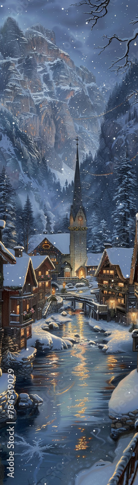 An alpine village where each snowflake is a note in an ever-changing winter symphony - obrazy, fototapety, plakaty 