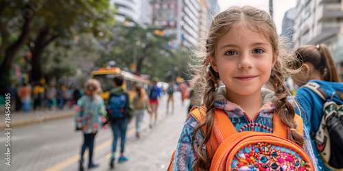 Amidst the bustle of an urban street, a young girl with pigtails and a backpack exudes happiness as she returns to school after the holidays. Her radiant smile offers a moment of innocence and bliss, 