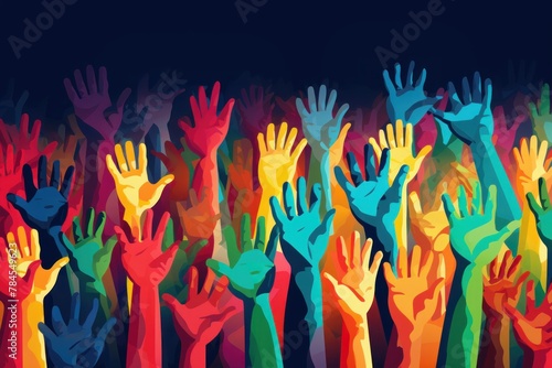 Multicolored raised hands. The concept of the struggle for rights, freedom, rally, elections.
