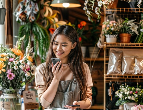 asian girl in her florist's shop handling orders by mobile phone