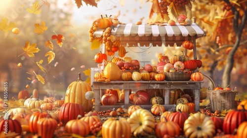 The scene shows a product stand in autumn with a 3D rendering background.
