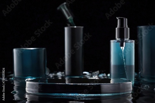 Product packaging mockup photo of skincare cosmetic glass bottle packaging on splash and ripple water in black background. beauty product bottle mockup., studio advertising photoshoot