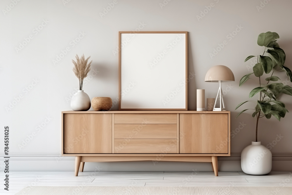 Mockup frame in a Scandinavian interior on a background of a white wall and dresser Mockup frame in a Scandinavian interior on a background of a white wall and dresser