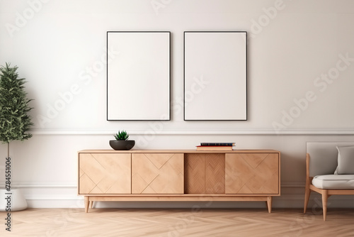 Mockup of two frames in a Scandinavian interior on a background of a white wall and dresser