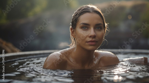 Beautiful young woman relaxing in the outdoor thermal bath 