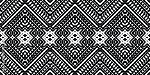 Pixel Seamless Pattern Embroidery Background. Pixel Damask Geometric Ethnic Oriental Pattern traditional.aztec Style Abstract Vector design for Texture,fabric,clothing,wrapping,sarong.