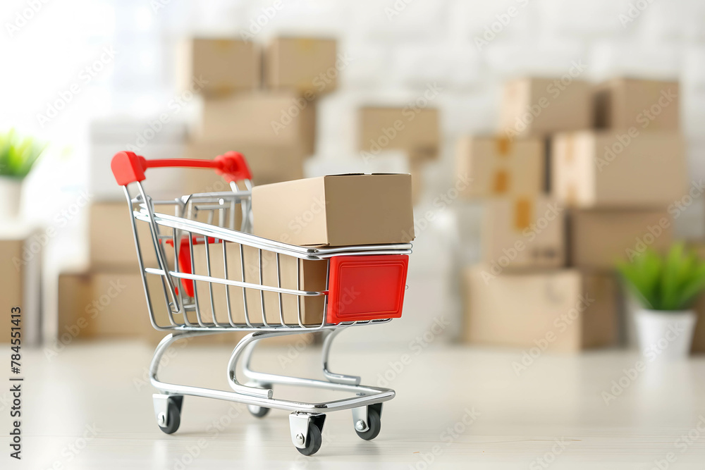 Small shopping cart with boxes on blurred background of room or warehouse online store for ecommerce concept, efficient online shopping and logistics and delivery Small shopping cart with boxes on blurred background of room or warehouse online store for ecommerce concept, efficient online shopping and logistics and delivery