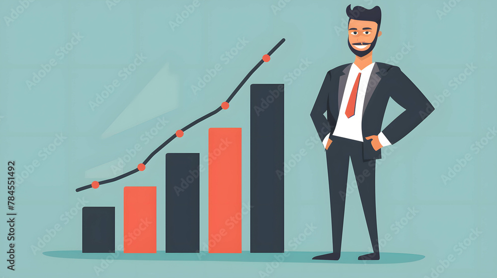 Fototapeta premium Create an image of a businessman with a confident expression, standing next to a bar chart showing increasing returns on investment