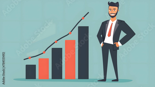 Create an image of a businessman with a confident expression, standing next to a bar chart showing increasing returns on investment