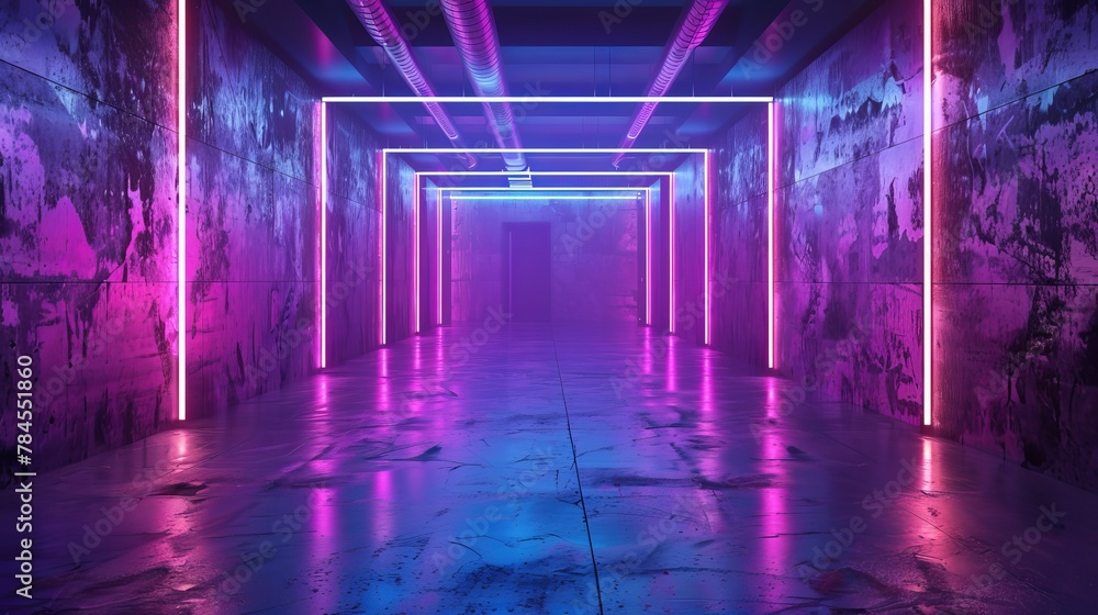 Luminous purple and blue neon lights in a dark room