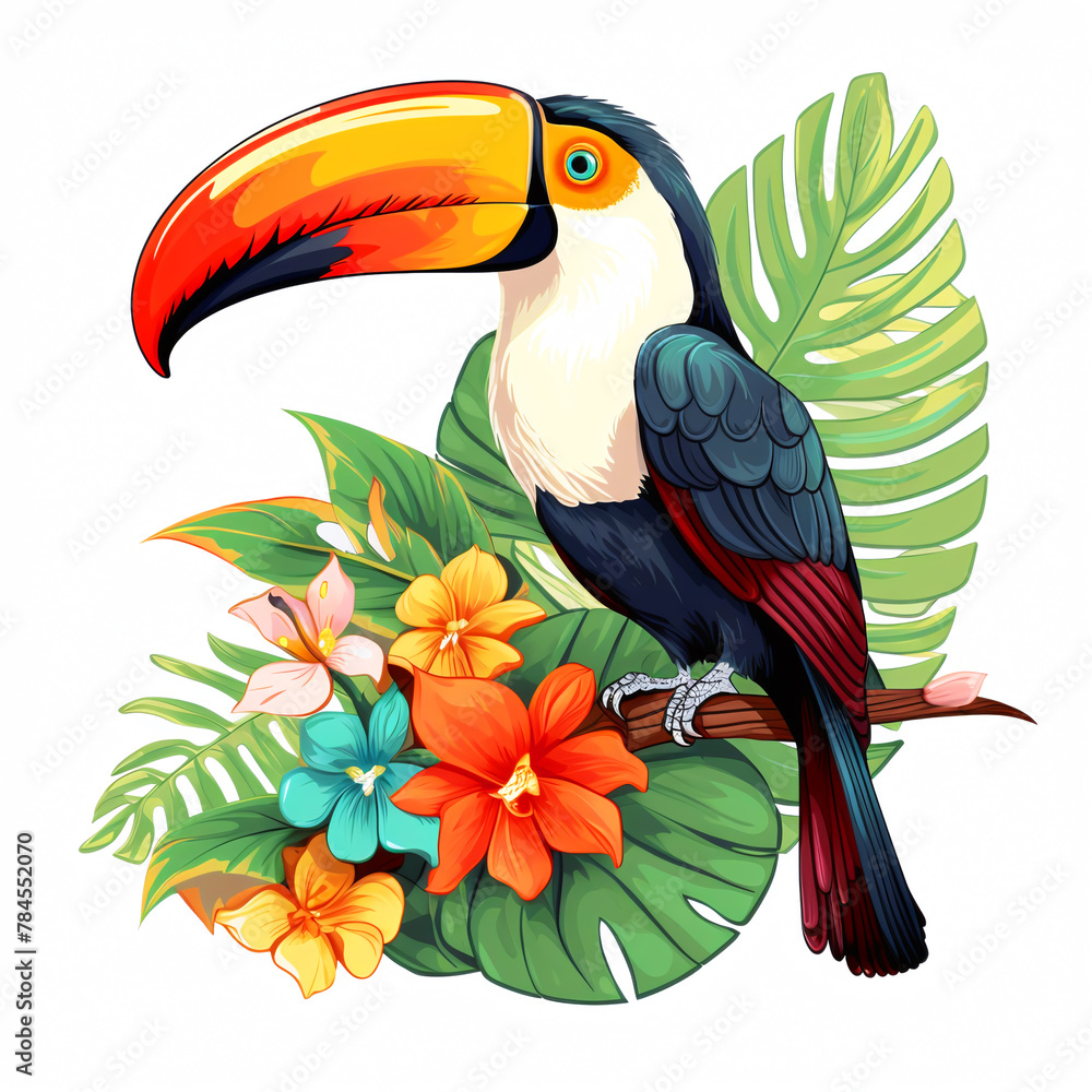 Fototapeta premium Colorful toucan perched among tropical flowers and leaves isolated on white background