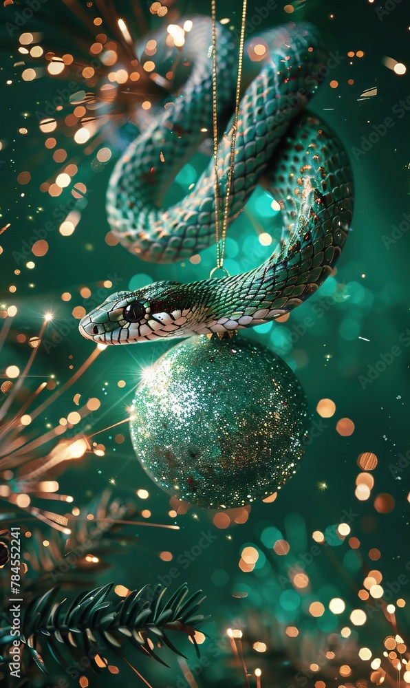 A snake is wrapped around a glittery Christmas ornament among festive lights A snake is wrapped around a glittery Christmas ornament among festive lights