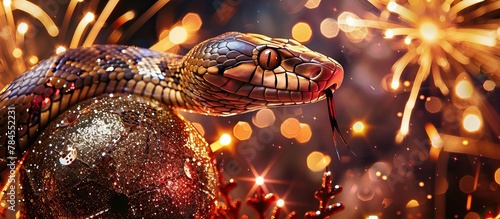 A snake slithers over a glittering ornament with fireworks sparkling in the background photo