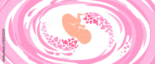 Human fetus inside the womb. Hearts. Design element for pregnancy theme. Maternity, motherhood, baby.  Baby Desire.  Fetus.  Vector Illustration