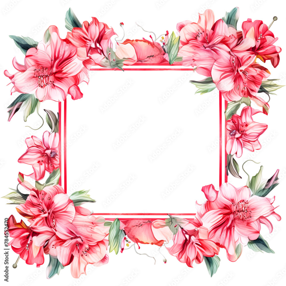 Obraz premium Square Floral frame of drawing pink flowers with blank space for text or photo. As element design for photo album, as flower border for banner, poster.