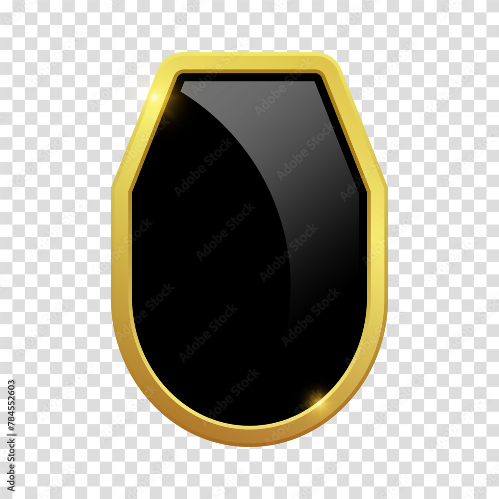 Obraz premium VIP luxury logo design element. Logotype medieval. Coat metal icon sign. Black shield with glossy bright golden frame. Vector clipart illustration. Transparent background.