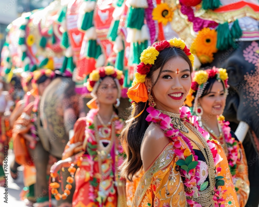 Thai festival celebration vibrant traditional silk dresses