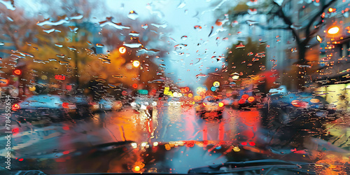 Abstract Reflections: Raindrops on a Car Window, Distorting the View into a Dreamy Scene