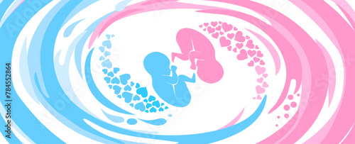 it's twins! Multiple pregnancy. Monozygotic twins (embryos). Design element for pregnancy theme. Maternity, motherhood, baby.  Baby Desire.  Fetus.  Vector illustration