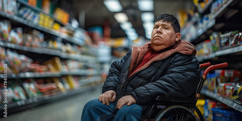 Fototapeta premium Adult at the grocery store. Disability. Wheelchair